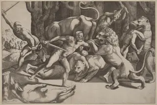 Five Men Fighting Beasts, by Master of the Die, ink, 1532
