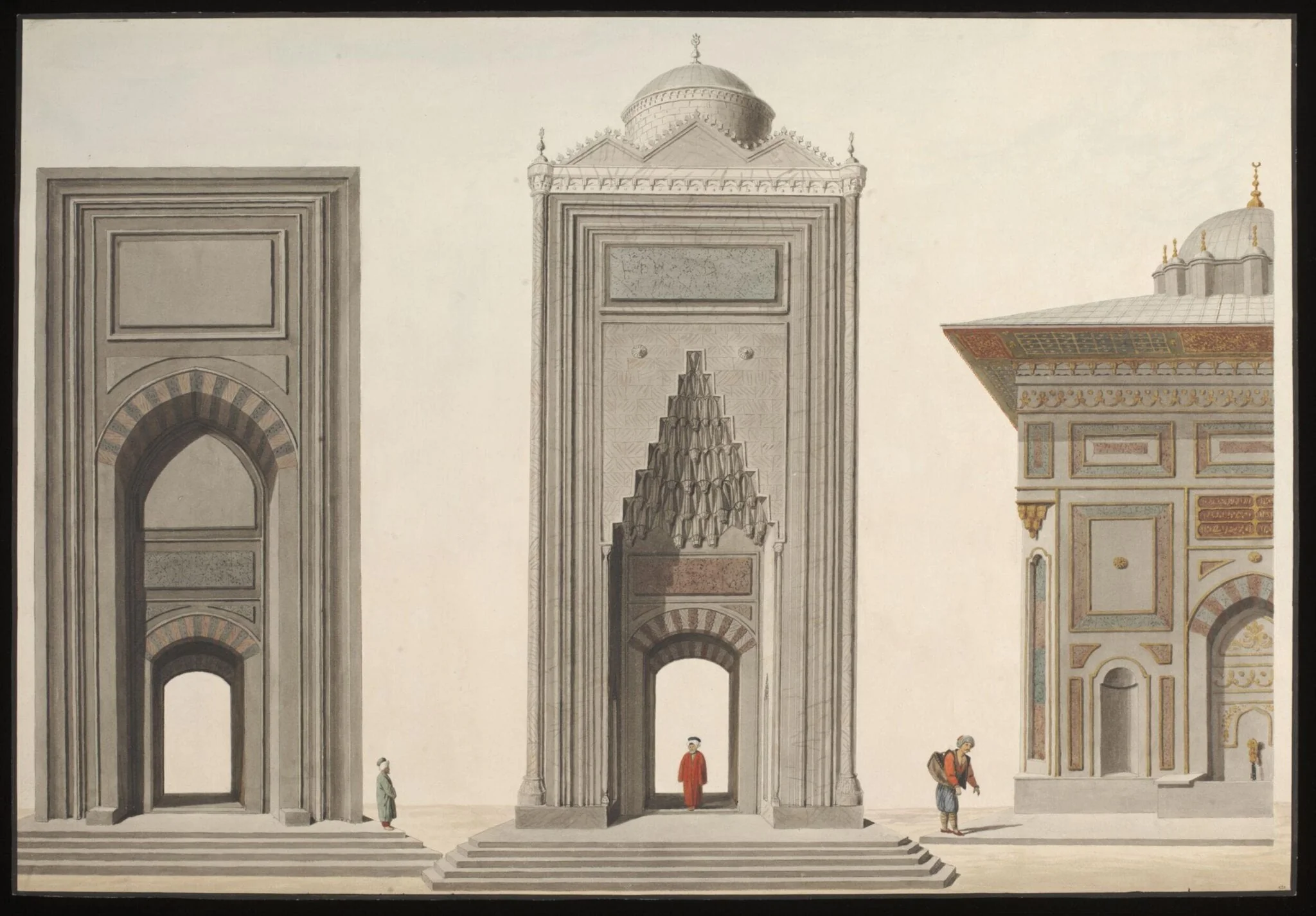 Elevations of two mosque portals, and part of the Hekimoglu Ali Pasha Fountain at Kabatas, detail