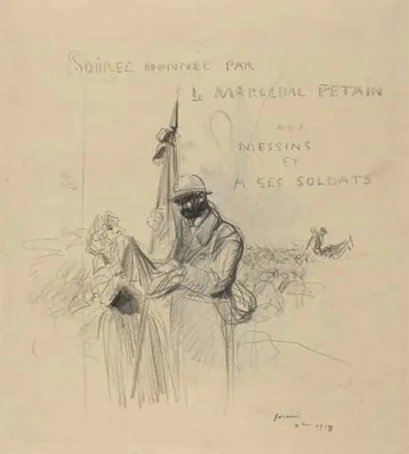a) Le baiser du drapeau (recto); b) Study of Le baiser du drapeau (verso), by Jean-Louis Forain, crayon, 1918