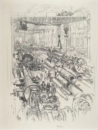 The Gun Shop, by Joseph Pennell, ink, 1916