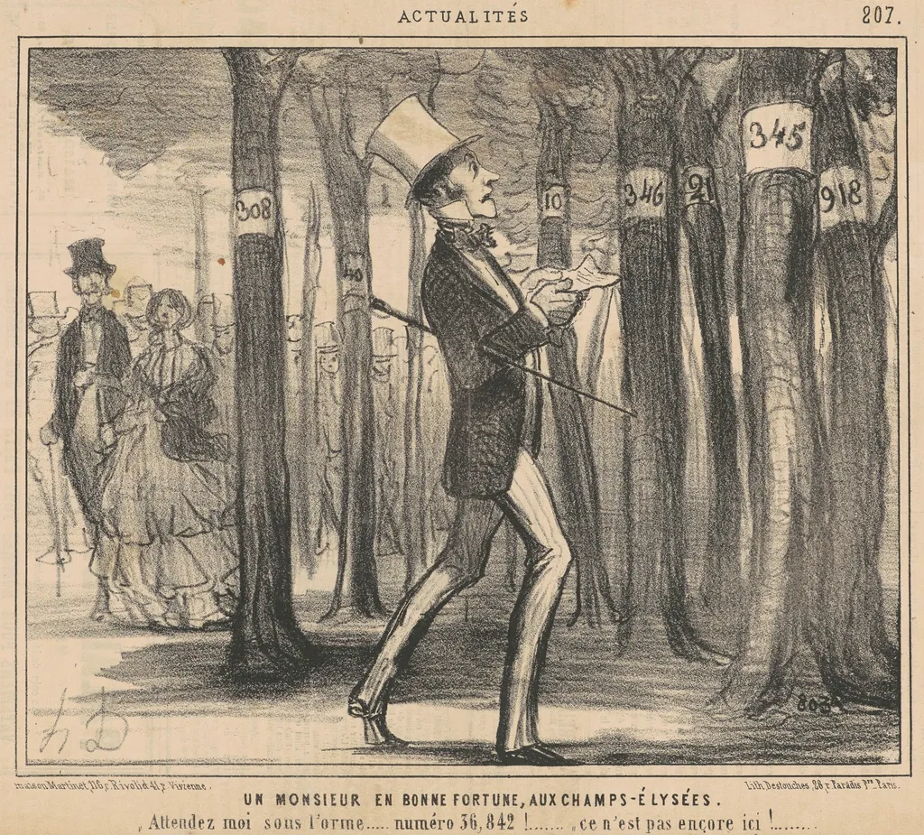 Un monsieur en bonne fortune aux Champs-Elysées, by Honoré Daumier, ink, 1855