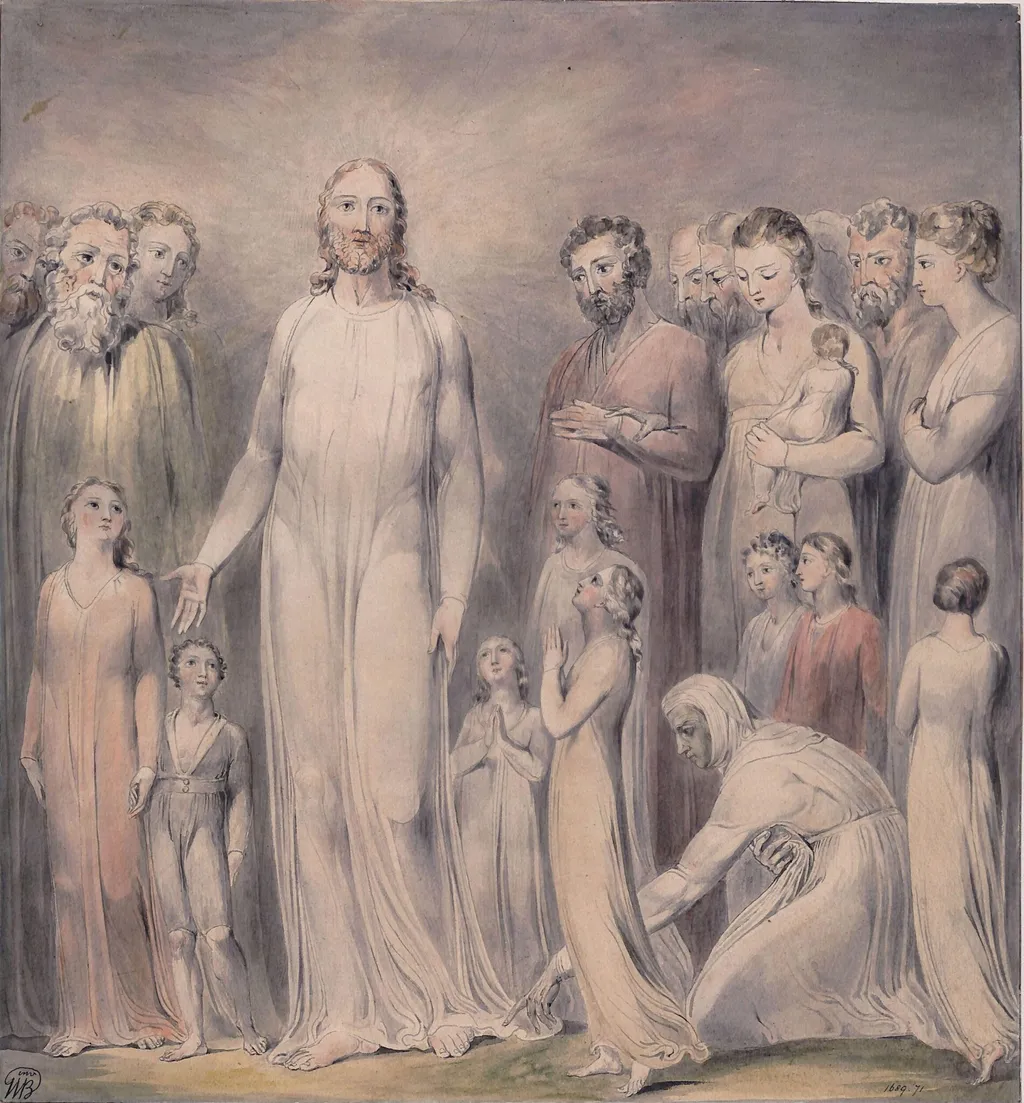 The healing of the woman with an issue of blood, by William Blake, watercolor, 1780