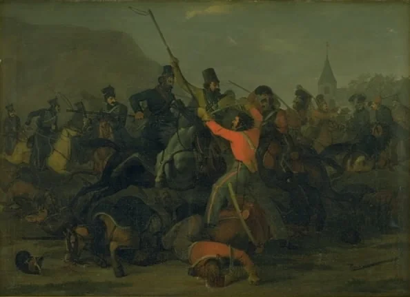 Oberst Boncke Bönnichsens fald den 6. december 1813 under en fægtning mellem jyske dragoner og kosakker, detail