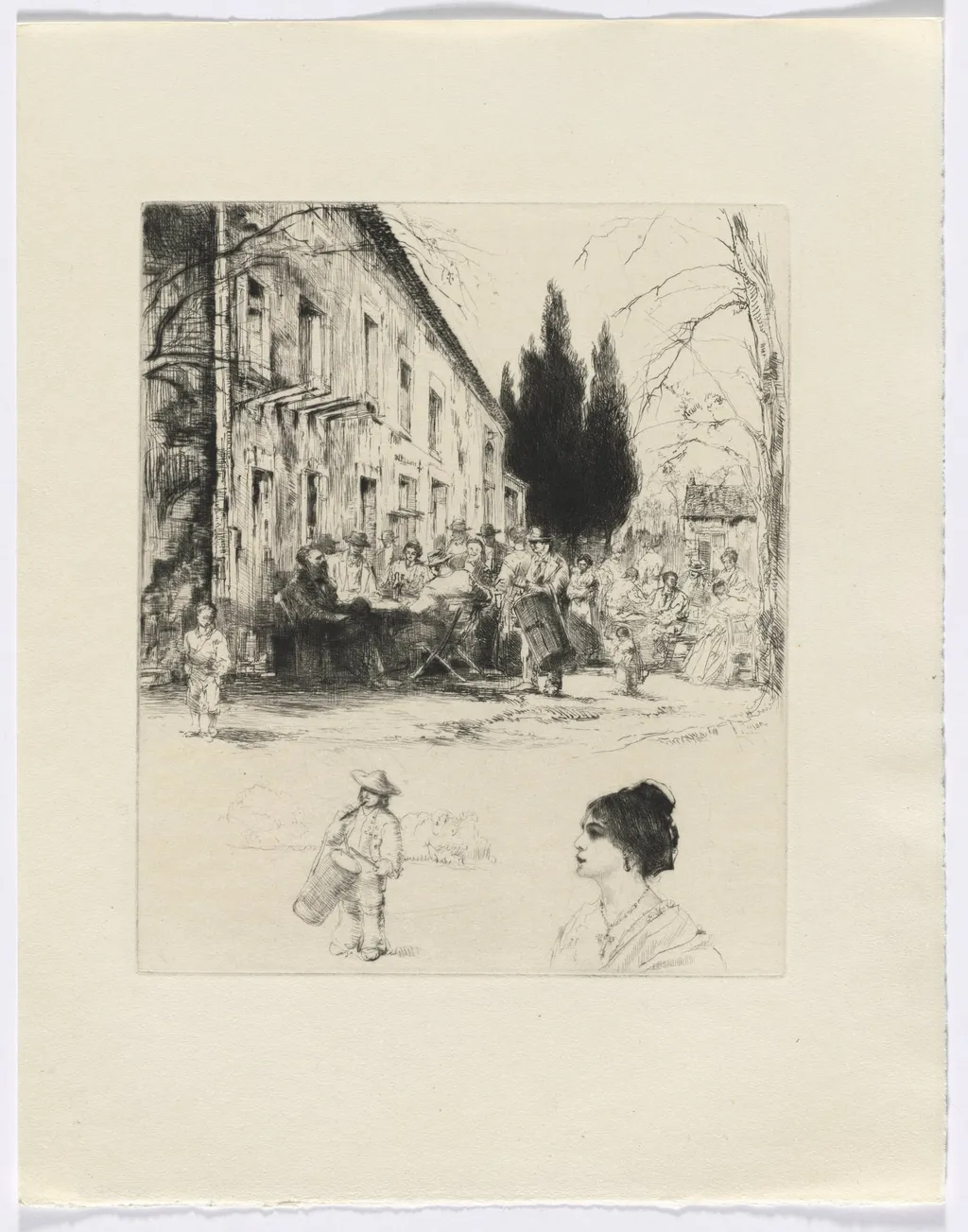 Frédéric Mistral: Mémoires et Recits by Frédéric Mistral: figures at outdoor table/ man playing drum and bust of a woman (insert after p. 136), by Auguste Brouet, 1937