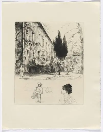 Frédéric Mistral: Mémoires et Recits by Frédéric Mistral: figures at outdoor table/ man playing drum and bust of a woman (insert after p. 136), by Auguste Brouet, 1937