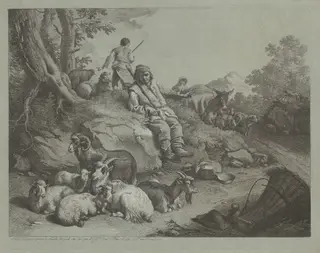 Seated Shepherd before a Flock of Goats, by Francesco Londonio, ink, 1766