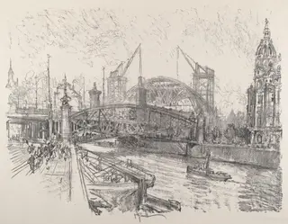 Building the Freidrich-Strasse Station, by Joseph Pennell, ink, 1921