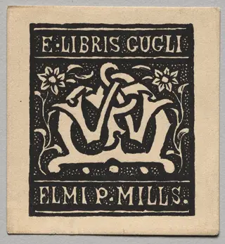 Bookplate: Elmi P. Mills, by Charles Samuel Keene, 1867