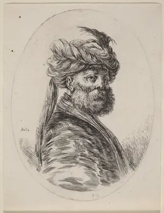 Bearded Moor in a Feathered Turban with a Veil, Turned to the Right, by Stefano Della Bella, ink, 1650