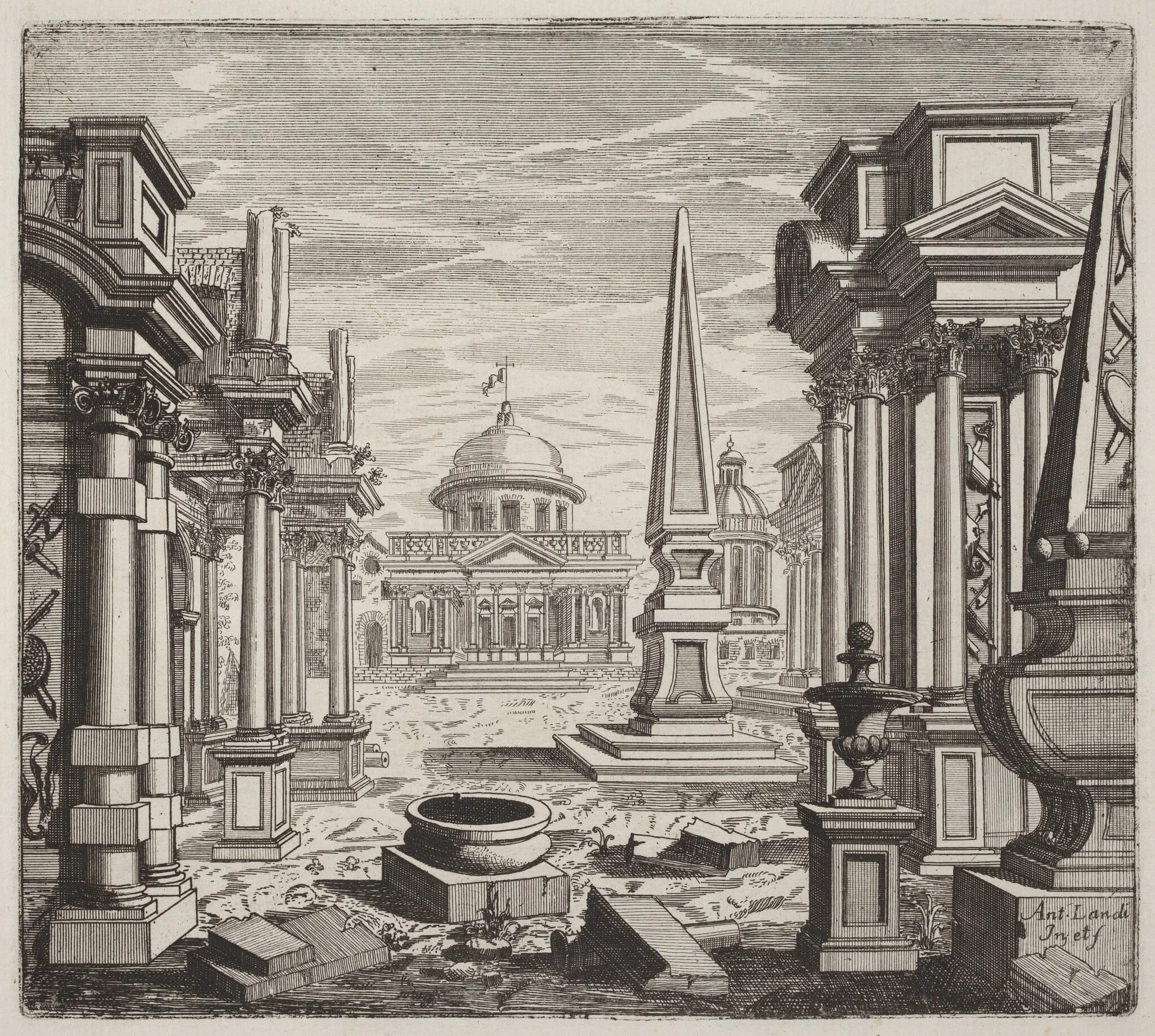 Architectural Fantasy with Obelisks, Ruins, and a Piazza, detail