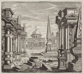 Architectural Fantasy with Obelisks, Ruins, and a Piazza, by Giuseppe Antonio Landi, ink, 1753