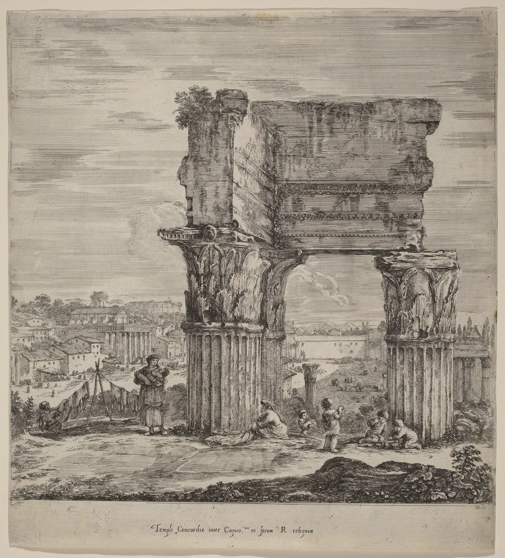Temple of Concord and Roman Forum, by Stefano Della Bella, ink, 1656
