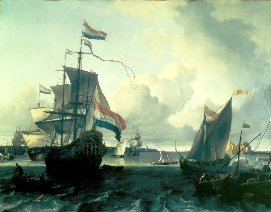 The Dutch Man-of-War "De Gouden Leeuw" on the River Y near Amsterdam, by Ludolf Bakhuizen, oil, 1674