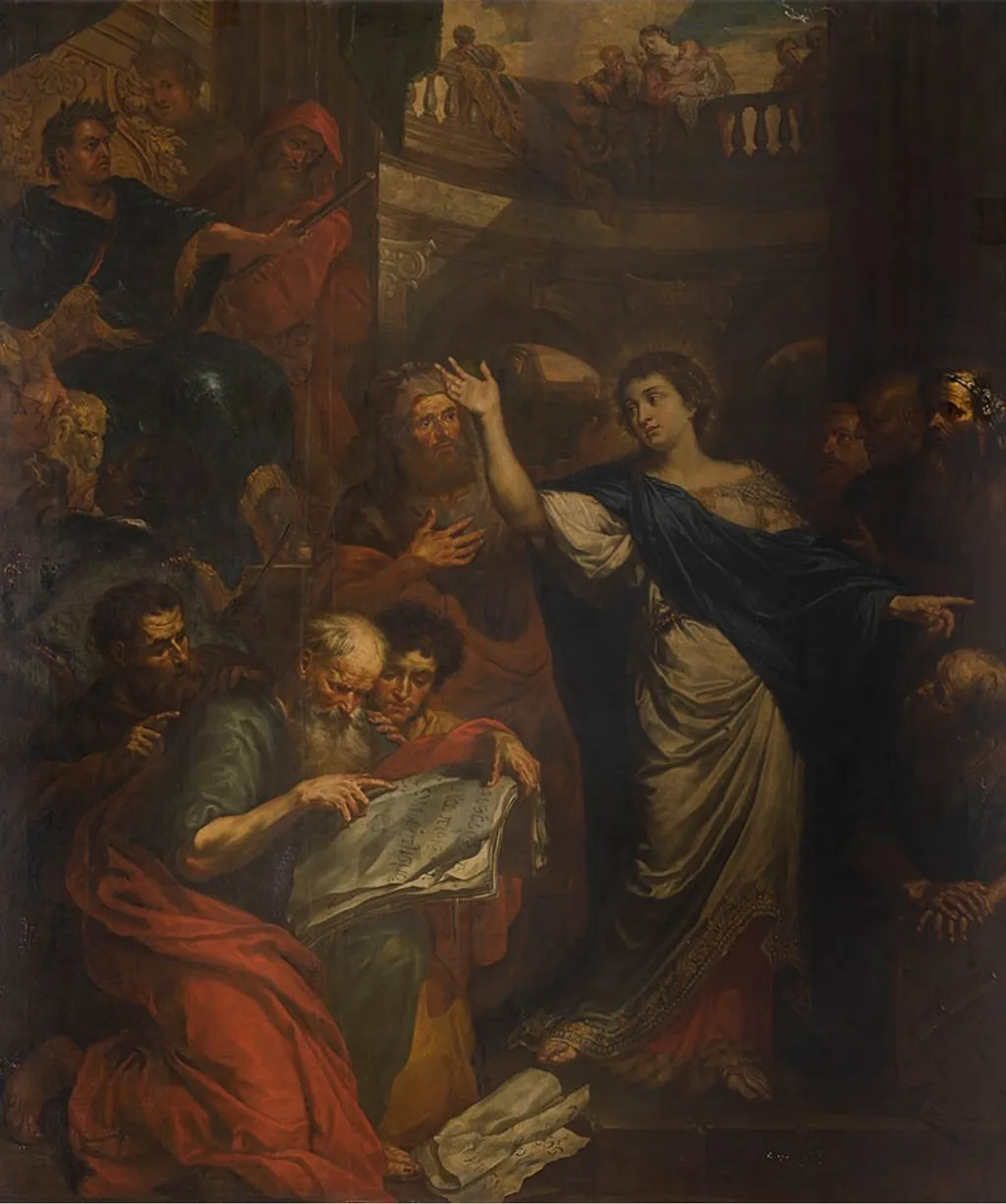 Saint Catherine of Alexandria in discussion with the fifty philosophers, by Peter Ykens, oil, 1694