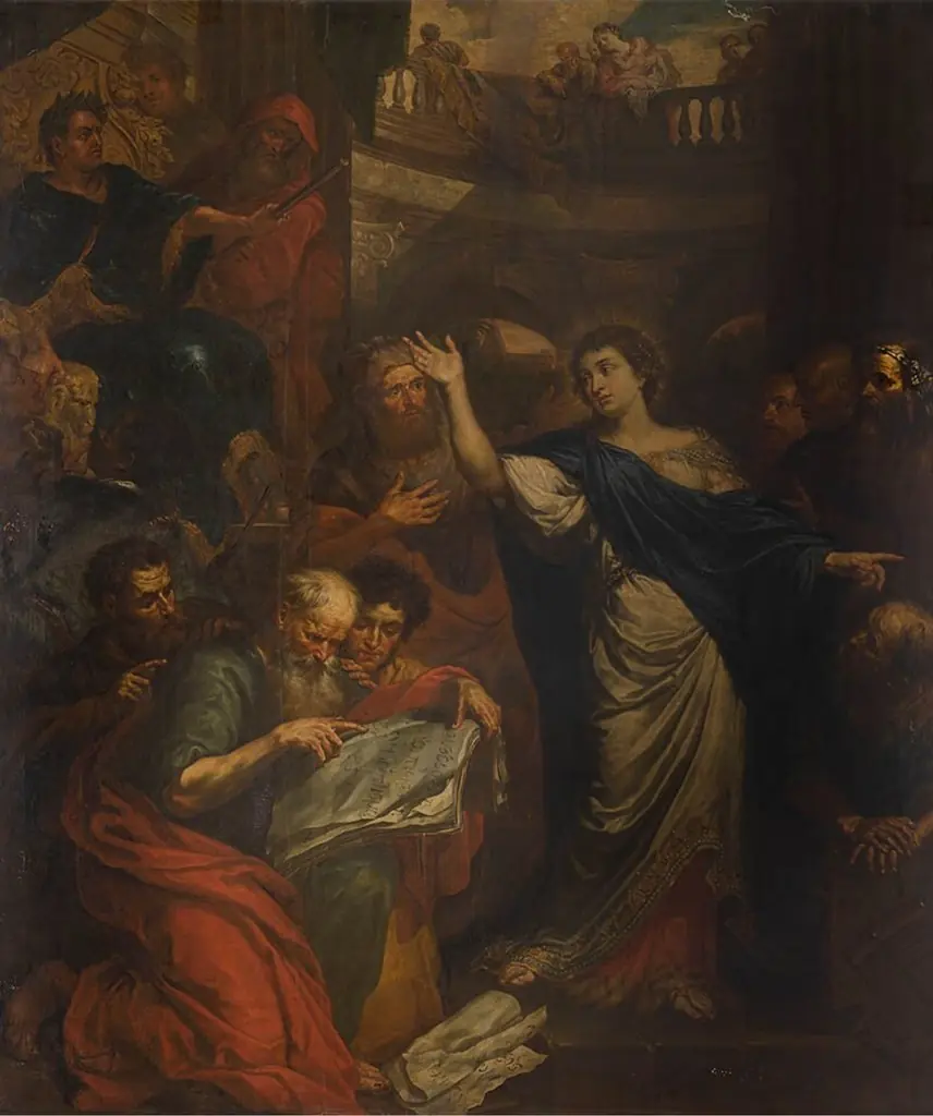 Saint Catherine of Alexandria in discussion with the fifty philosophers, by Peter Ykens, oil, 1694