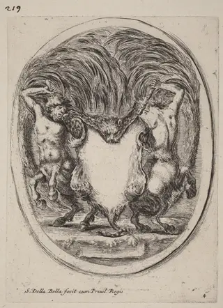 Cartouche in the Form of a Flayed Tiger Supported by Centaurs, by Stefano Della Bella, ink, 1647