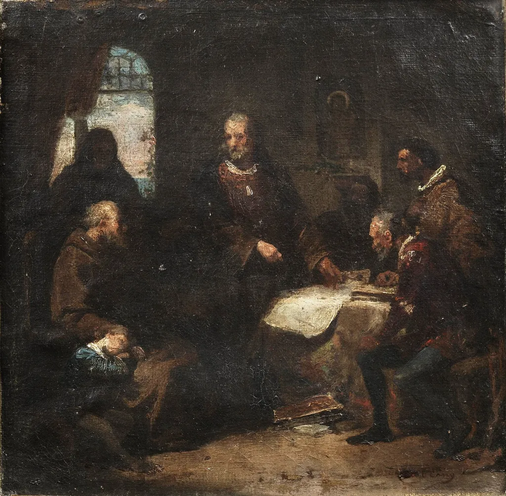Cristóbal Colón en el convento de la Rábida (boceto), by Eduardo Cano, oil, 1856