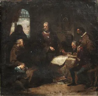 Cristóbal Colón en el convento de la Rábida (boceto), by Eduardo Cano, oil, 1856