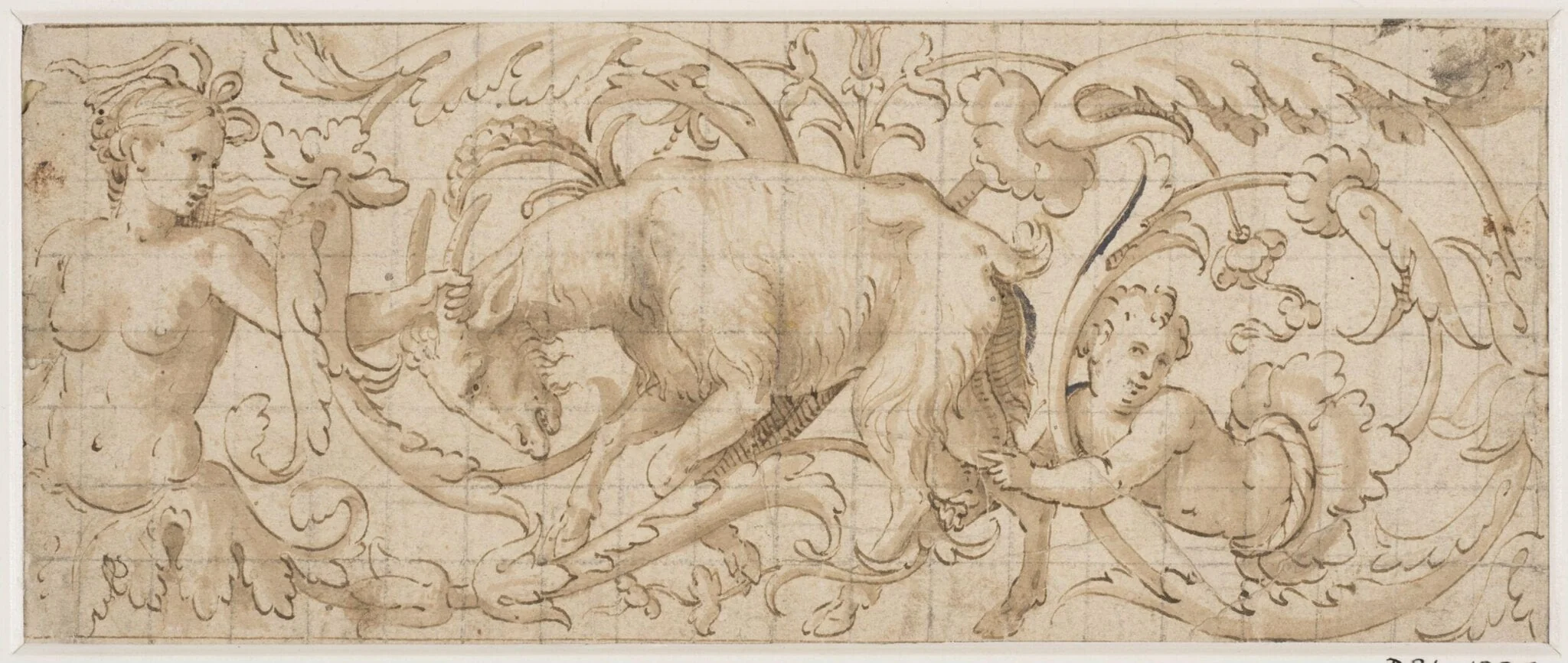 Frieze of foliated ornament containing a goat and two human figures, detail