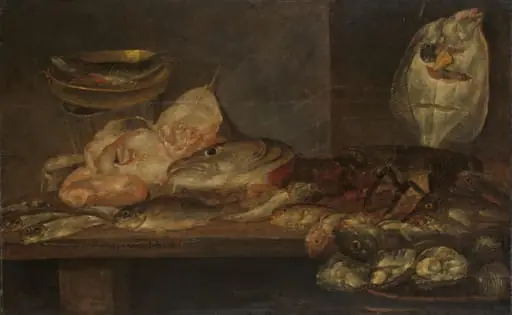 Still Life with Fish and a Lobster and Oysters on a Table nearby, by Alexander Adriaenssen, unspecified, 1660