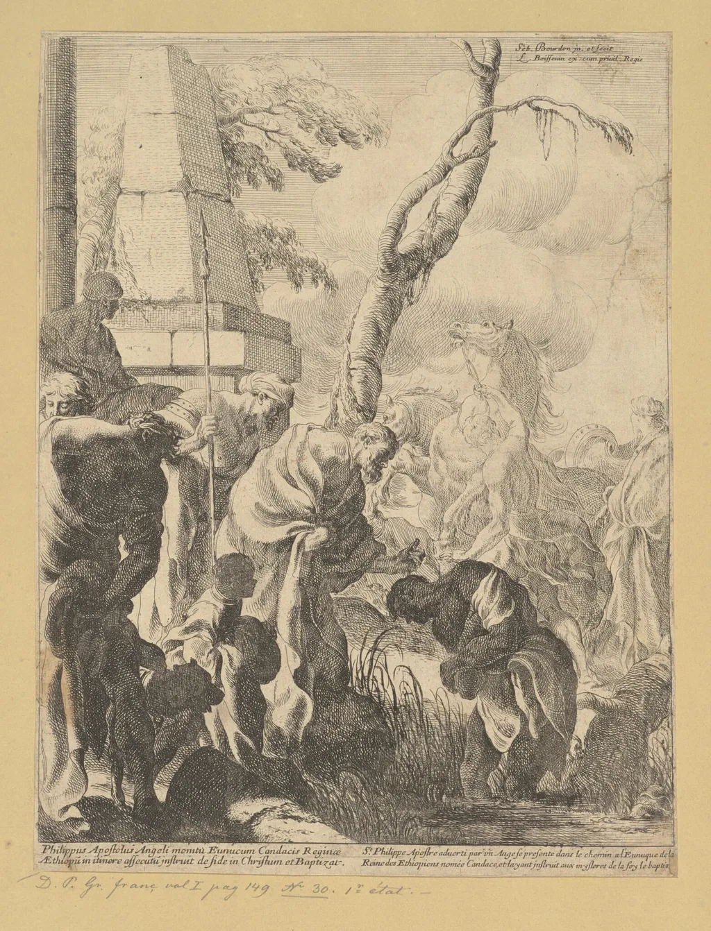 Saint Paul Baptizing the Eunuch, by Sébastien Bourdon, ink, 1640