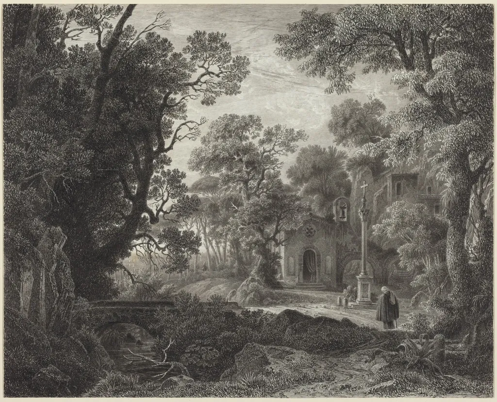 A Woodland Chapel at Evening, by Julius Albert Elsasser, ink, 1859