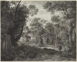 A Woodland Chapel at Evening, by Julius Albert Elsasser, ink, 1859