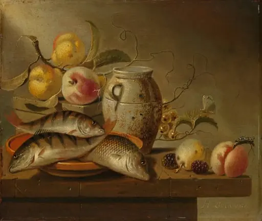 Still Life with Earthenware Jar, Fish and Fruit, by Harmen Steenwijck, unspecified, 1652