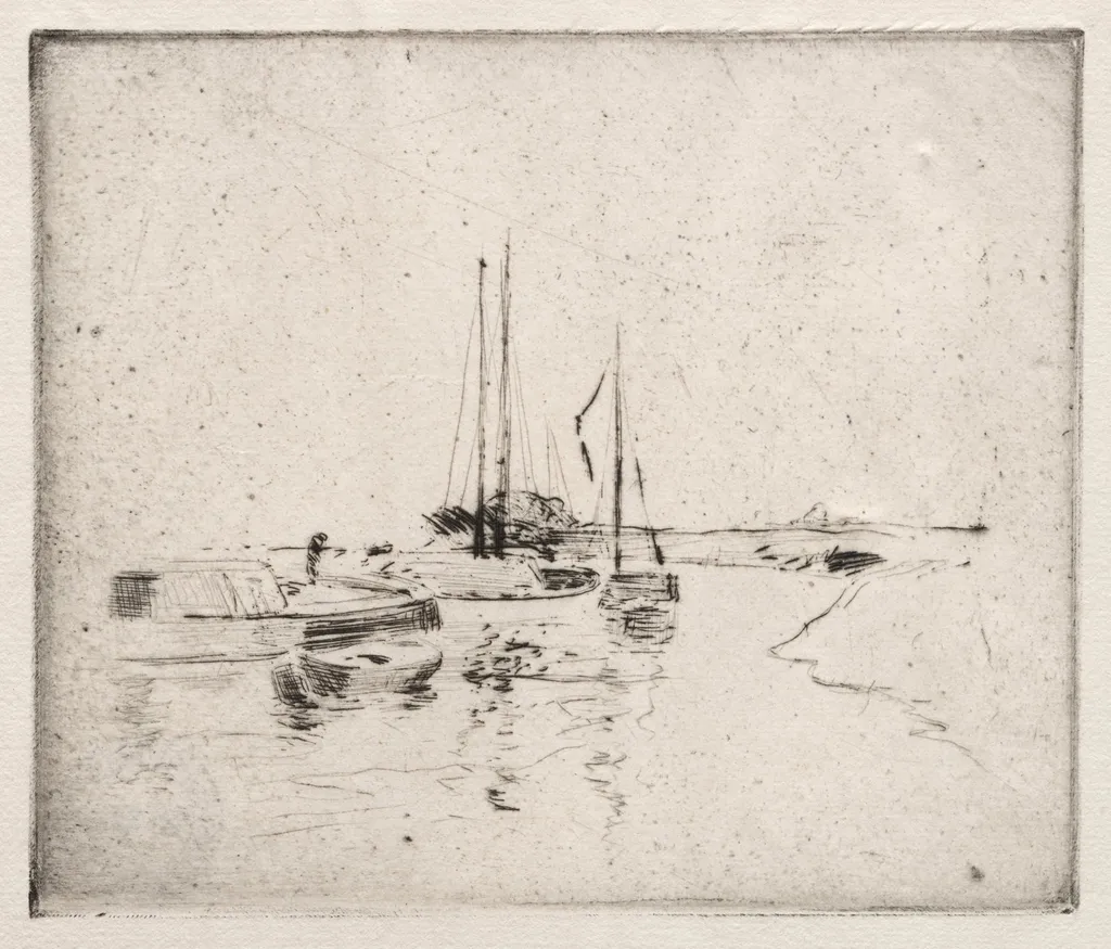 Four Boats on the Canal, Near Dordrecht, by John Henry Twachtman, 1882