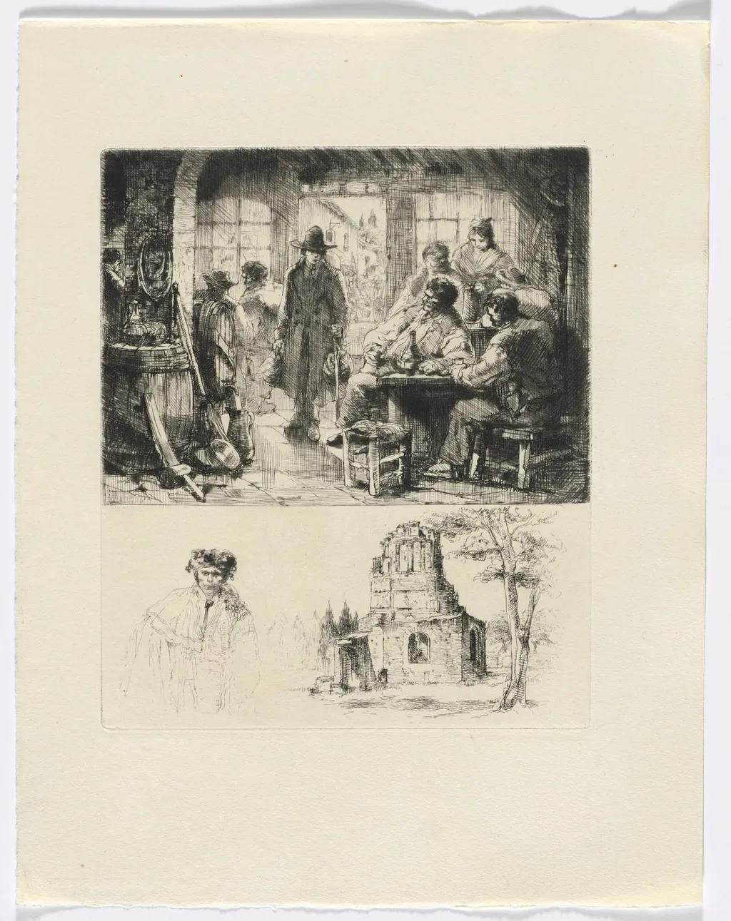Frédéric Mistral: Mémoires et Recits by Frédéric Mistral: tavern scene/ ruin and man (insert after p. 96), by Auguste Brouet, 1937