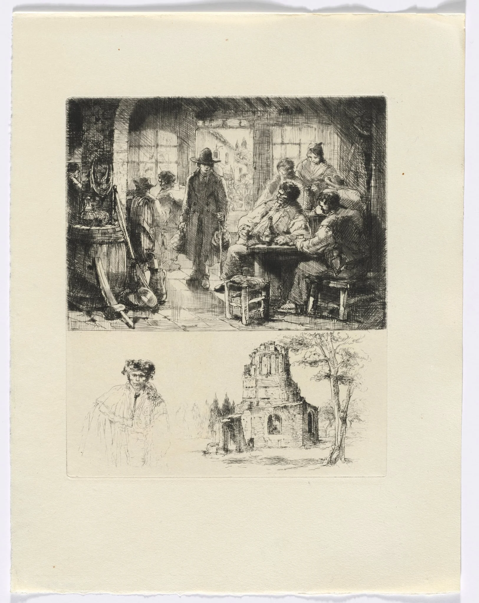 Frédéric Mistral: Mémoires et Recits by Frédéric Mistral: tavern scene/ ruin and man (insert after p. 96), detail