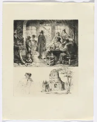Frédéric Mistral: Mémoires et Recits by Frédéric Mistral: tavern scene/ ruin and man (insert after p. 96), by Auguste Brouet, 1937