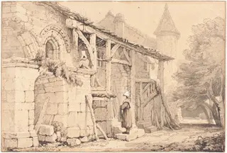 Scene at Jumièges, by Samuel Prout, ink, 1825