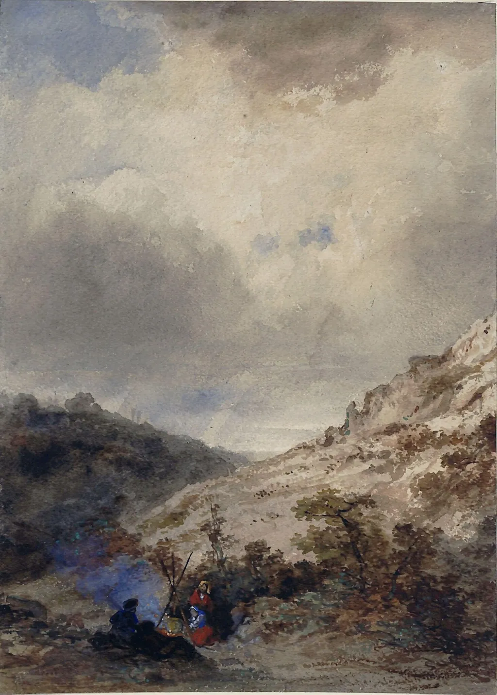 Landscape with two women sitting by a fire, by Théodore Fourmois, watercolor, 1835