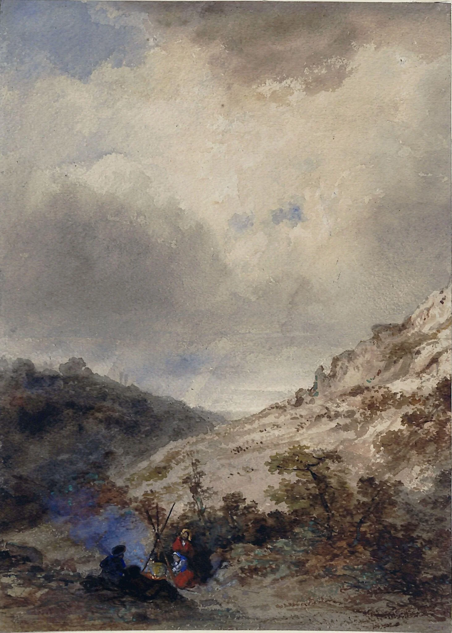 Landscape with two women sitting by a fire, detail