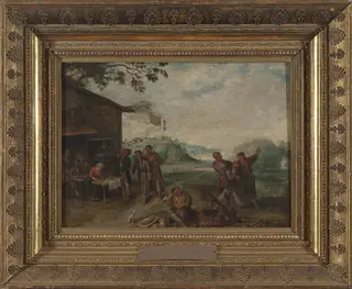 Scene in front of a tavern, by Krzysztof Lubieniecki, oil, 1704