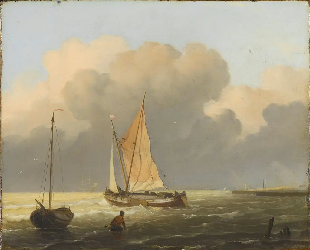 Seas off the coast, with a spiritsail barge, by Ludolf Bakhuizen, oil, 1699