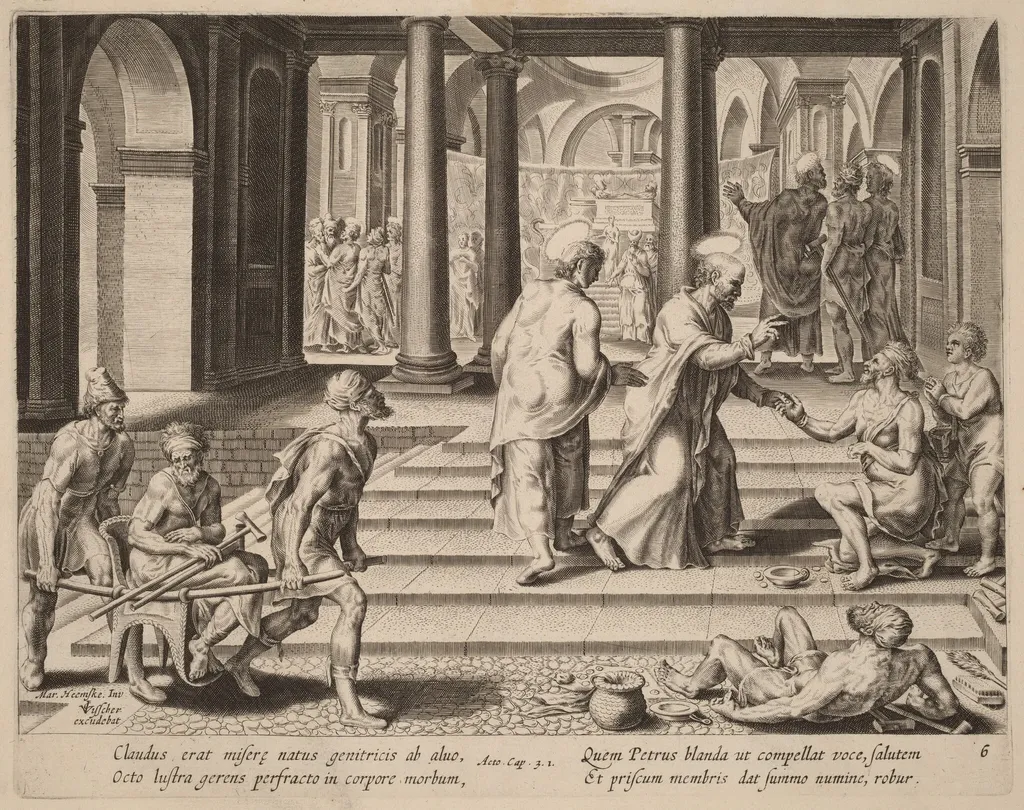 Saints Peter and John Heal a Cripple at the Gate of the Temple, by Philip Galle, ink, 1574