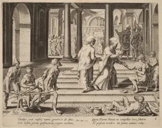 Saints Peter and John Heal a Cripple at the Gate of the Temple, by Philip Galle, ink, 1574