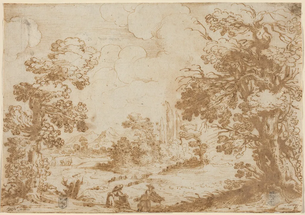 Landscape with Two Washerwomen, by Agostino Carracci, ink, 1584