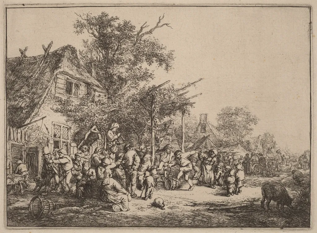 Village Kermesse with Peasants Feasting Under a Pergola, by Adriaen van Ostade, ink, 1652