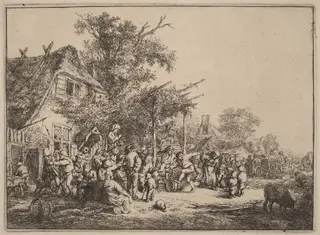 Village Kermesse with Peasants Feasting Under a Pergola, by Adriaen van Ostade, ink, 1652