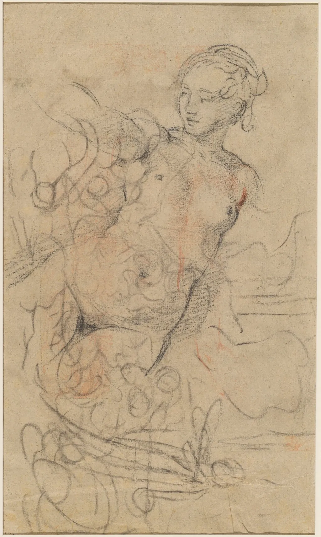 A Reclining Nude with Her Right Arm Raised over a Swift Composition Study [verso], by Jean-Baptiste Deshays, chalk, 1763