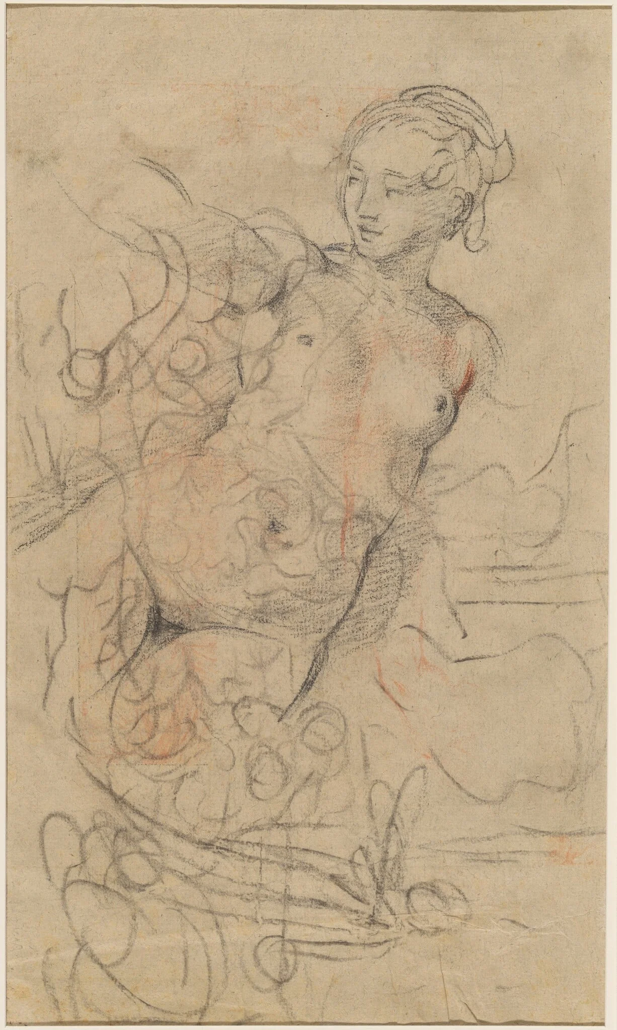 A Reclining Nude with Her Right Arm Raised over a Swift Composition Study [verso], detail