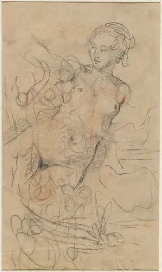 A Reclining Nude with Her Right Arm Raised over a Swift Composition Study [verso], by Jean-Baptiste Deshays, chalk, 1763