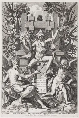 Bacchus Seated on a Barrel between Amor and Music, by Jan Sadeler I, ink, 1590