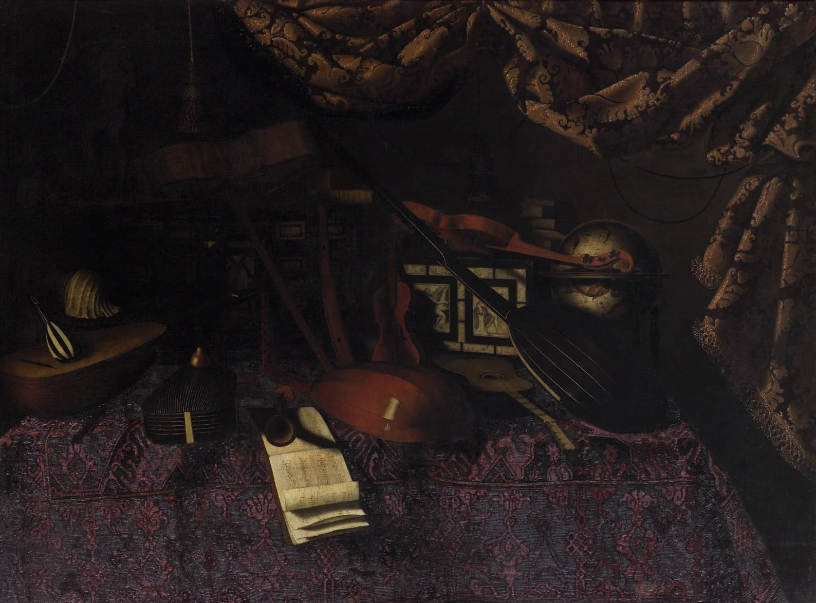 Stilleben mit Musikinstrumenten, Notenblättern, Himmelsglobus und Muschel, detail