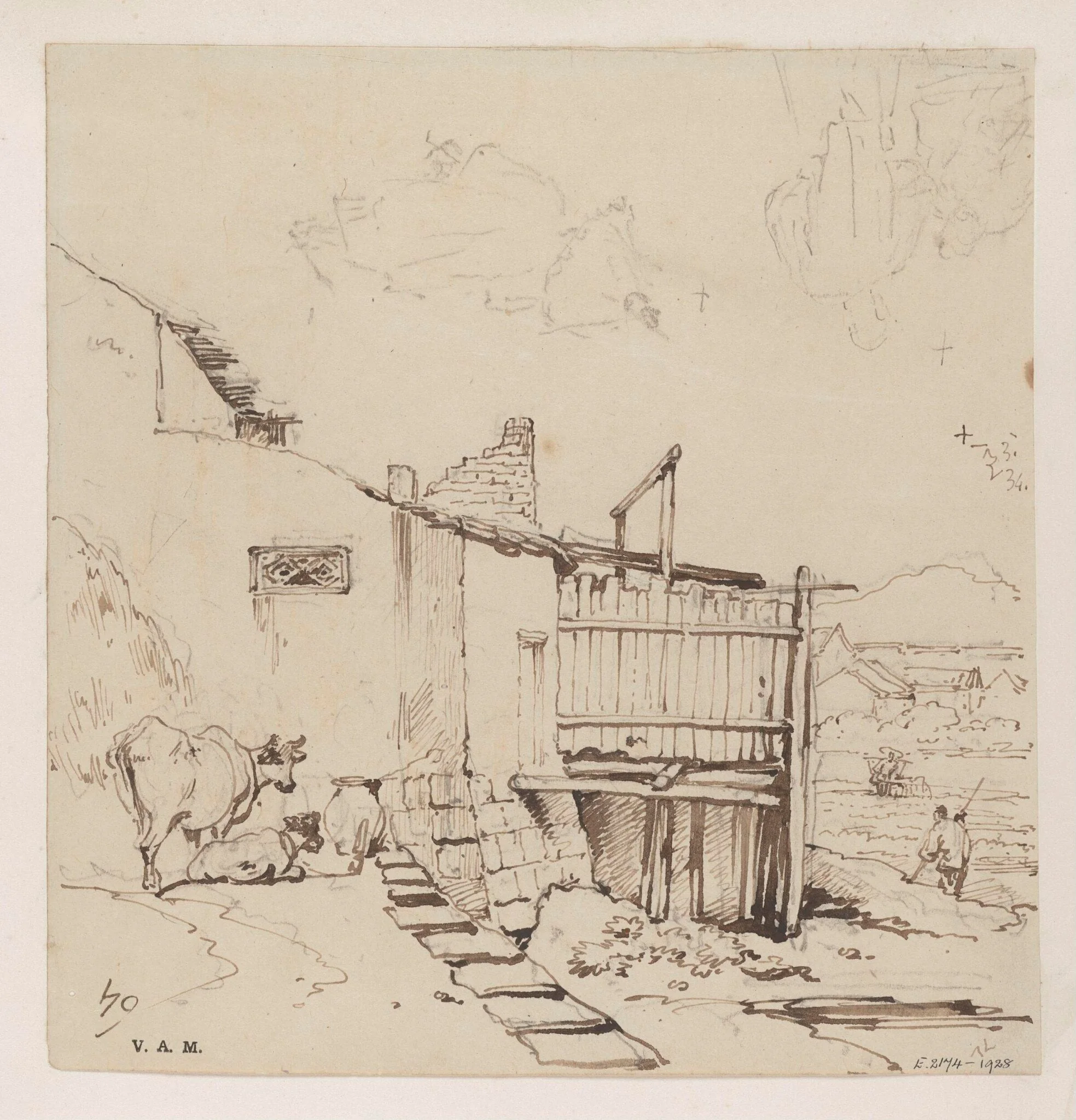 Cattle grazing by a ruinous building, detail