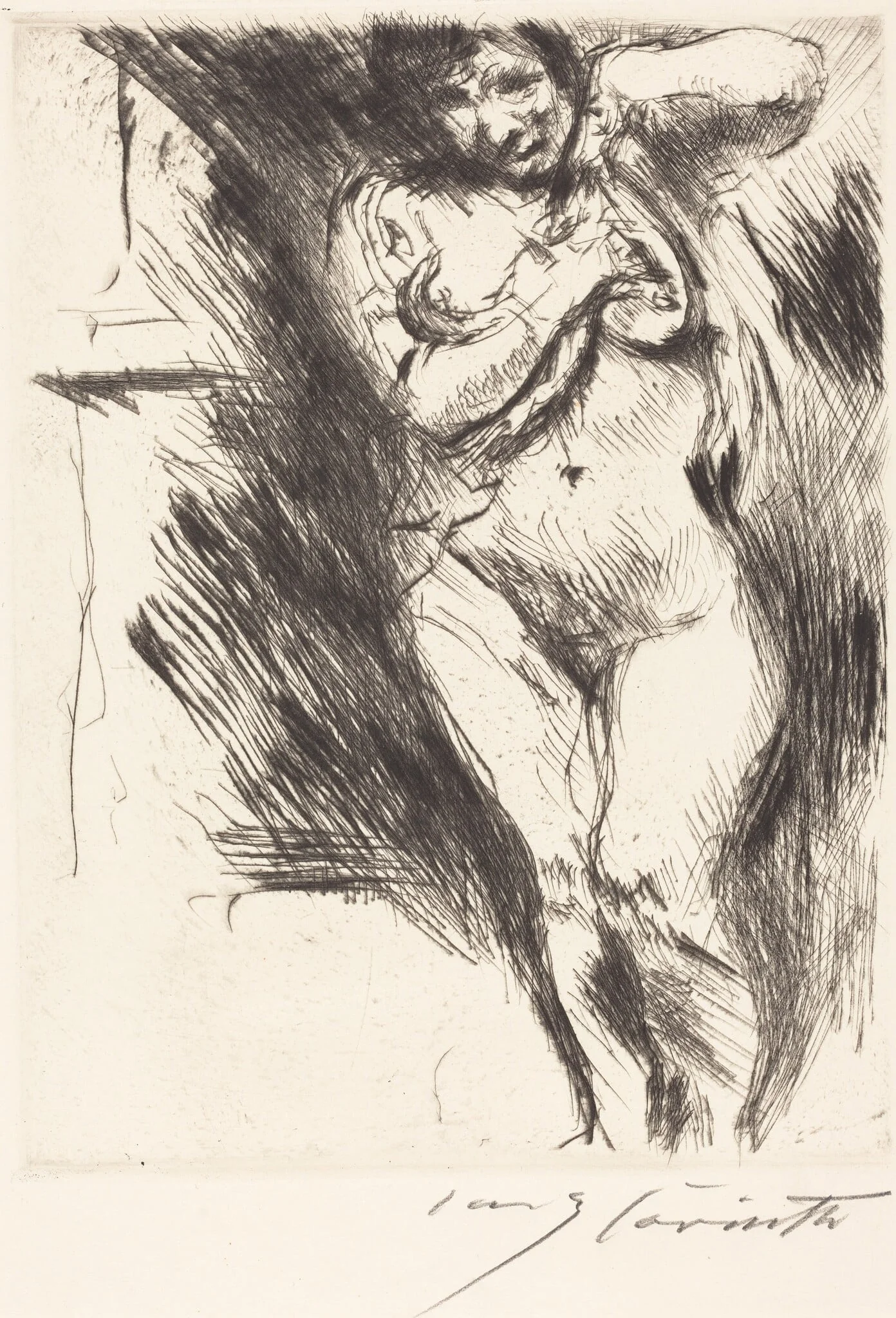 Akt mit hochgehobenem Hemd (Woman Undressing), detail