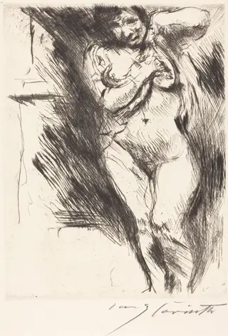 Akt mit hochgehobenem Hemd (Woman Undressing), by Lovis Corinth, ink, 1921